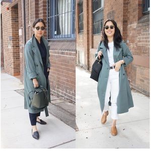 EVERLANE The Gathered Drape Trench Long in Dark Green Balsam